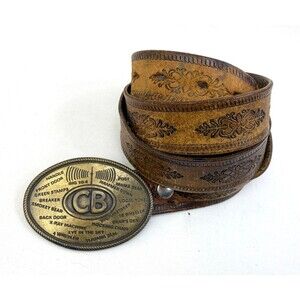 Vtg Mens Tooled Leather Belt CB Radio Brass Buckle Western Country Trucker 47"